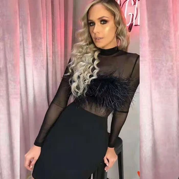 

2019 Eleagnt Black Long Sleeve Sexy Mesh bandage Dress Tassels Hollow Out Clubwear Bodycon Fashion Solid Summer Wholesale