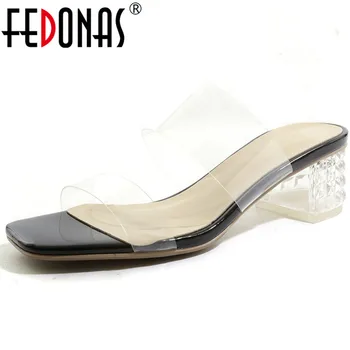 

FEDONAS New Women Slippers 2019 High Quality Casual Pumps Prom Party Summer Shoes Woman Square Crystal Heeled Sweets Sandals