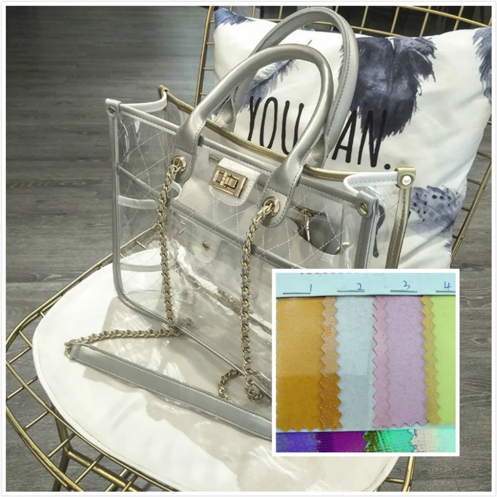 

New! 0.8mm transpare glitter PVC synthetic leather fabric 12 color Smooth surface Suitable for decorative bag couro cloth