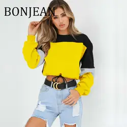 BONJEAN 2018 укороченный топ для Для женщин Лоскутная кофты с длинным рукавом Короткие толстовки и пуловеры с круглым вырезом осенняя одежда BJ325