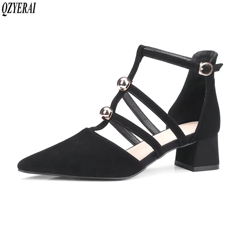 

QZYERAI 2019 new arrival summer women sandals 100% leather sheepskin insoles 4.5cm heels fashion sandals sizes 34-42