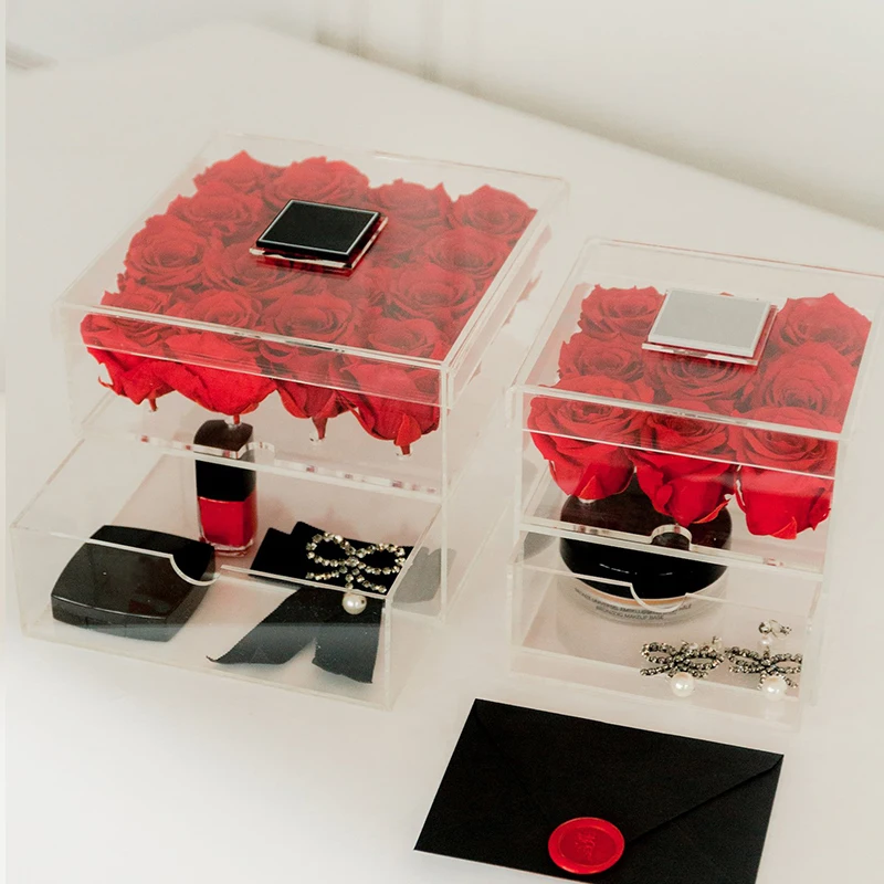 

Clear Acrylic Red Rose Box Cosmetic Case Makeup Organizer Box Rose Flower Box with Flowers Drawer Customize for Girl Mom