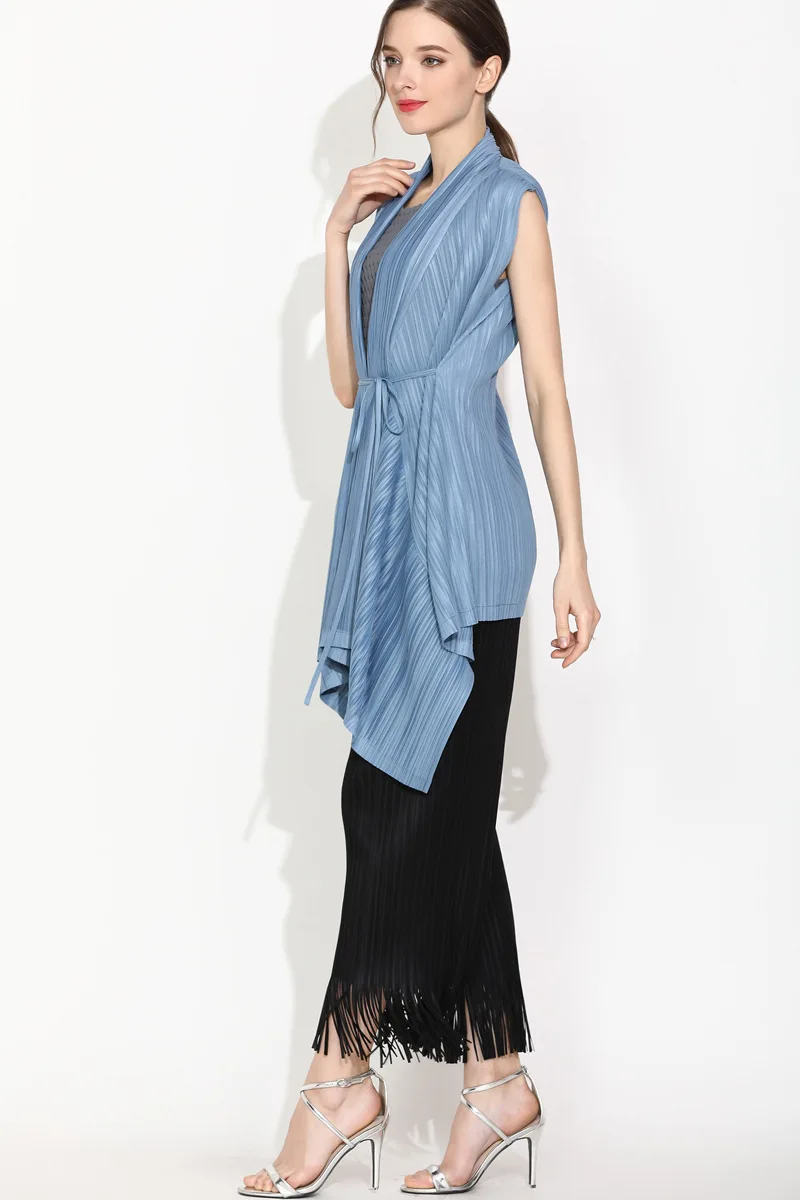 Бесплатная доставка, Miyake fold, Тренч, пальто, цвет, без рукавов, пояс, отложной воротник, асимметричная ветровка в наличии
