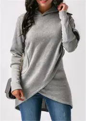 Женский осенне-зимний пуловер с капюшоном, однотонный несимметричный джемпер с длинными рукавами, свободные трикотажные топы для женщин
