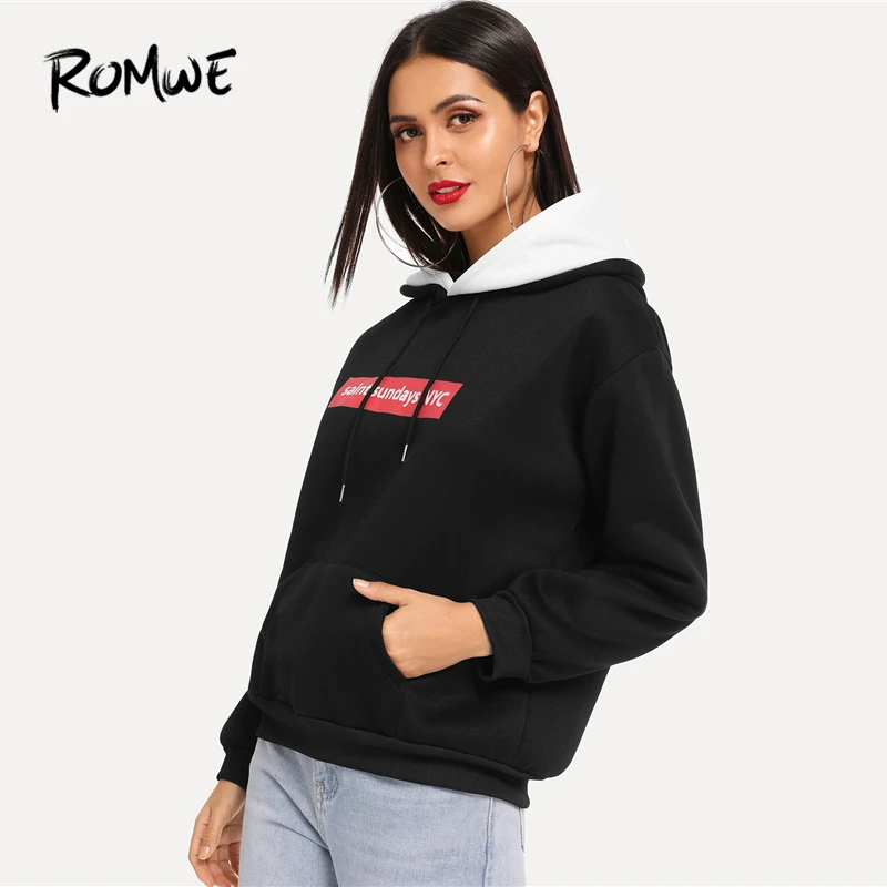  ROMWE Letter Print Kangaroo Pocket Drawstring Hoodie Black Women Sweatshirts 2019 Spring Autumn Lon