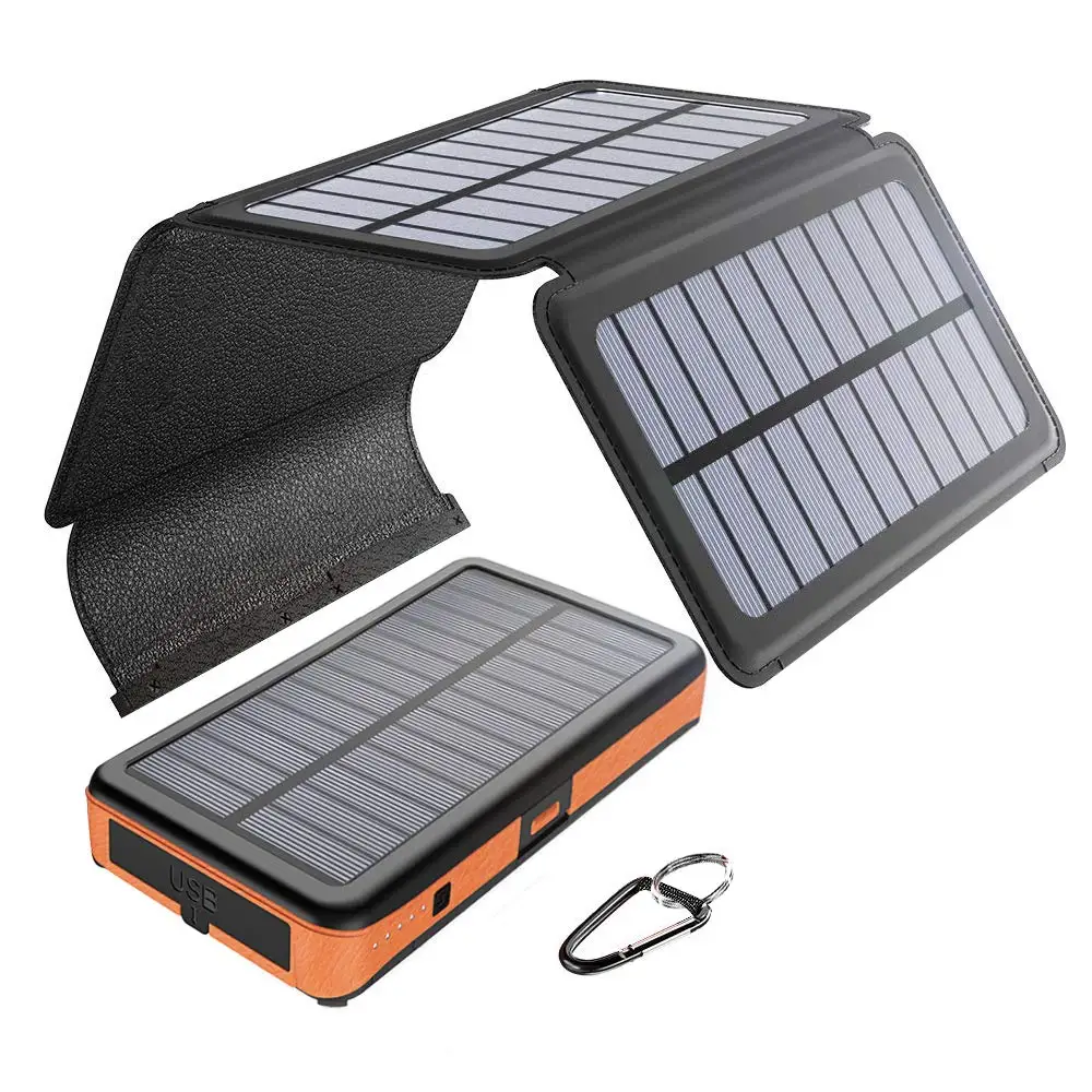 

Solar Charger 25000mAh 4 Solar Panels Dual USB Port Solar Power Bank with Type C and Micro USB Port, Emergency Light Portable