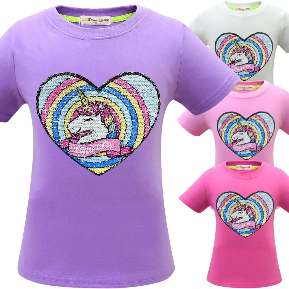 Футболка с единорогом летняя одежда для маленьких девочек Camiseta Unicornio, футболка топы для девочек, Femme, Детская футболка, Enfant, для дня рождения, цветная, с блестками