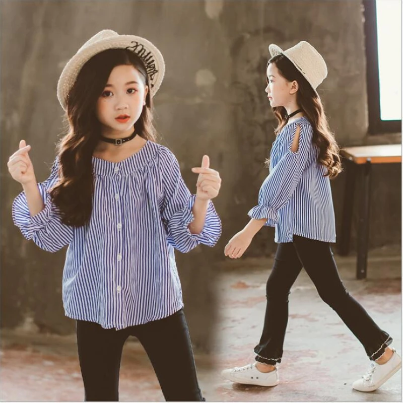 

2pcs Children's wear girls autumn 2018 autumn new striped shirt suit