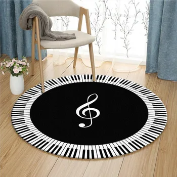 

Black And White colour Floor Mat Rug Piano Print Round Carpets For Living Room Decor Carpet Geometry Style bedroom study Rugs
