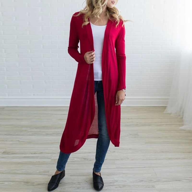 New Women Long Sleeve Solid Long Cardigan Ladies Casual Party Coat Kimono Jacket