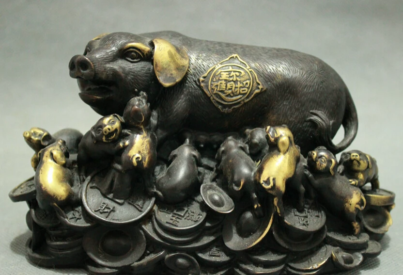 

S4738 Folk Chinese Bronze Gilt Year Zodiac Wealth Pig Porket On Coin YuanBao Statue D0317
