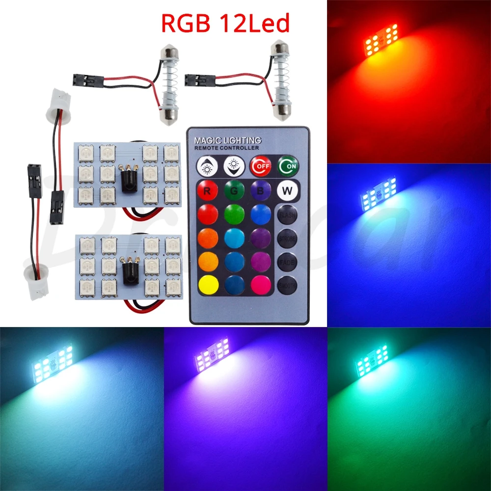 T10 RGB 5050 12SMD Автомобильный светодиодный пульт дистанционного управления Rgb Светодиодная панель для автомобиля интерьер Авто светильник s чтение купол фестон BA9S адаптер DC 12v светильник