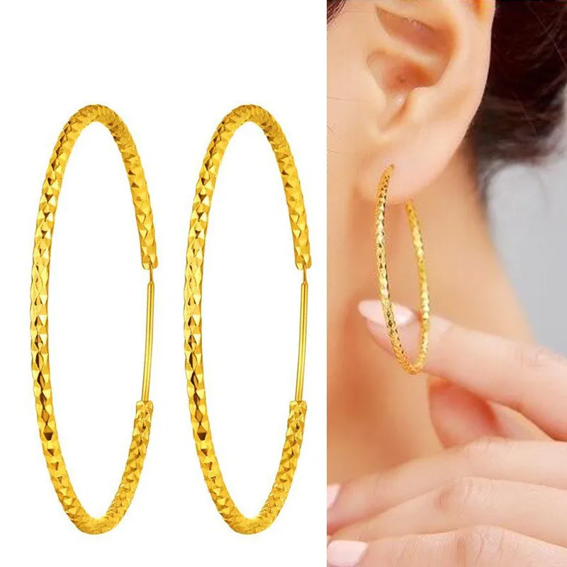 Classic Big Circle Earrings Yellow Gold Filled Bling Fine Cut Thin Hoop