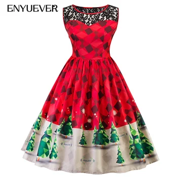 

Enyuever Women Christmas Dress Midi Lace Vestido Vintage Tree Print Robe De Noel Rockabilly Party Plaid Dress Casual Kerst Jurk
