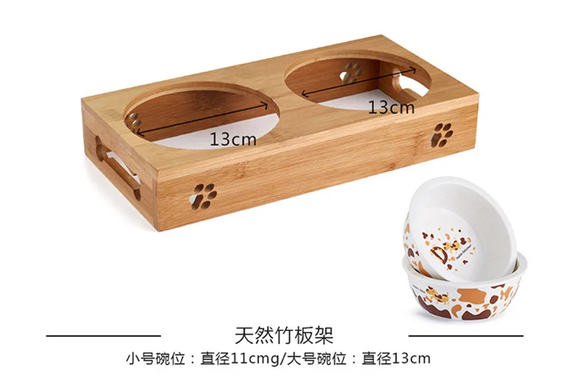 Pet Автоматические кормушки для собак Нержавеющая сталь собака Чаши Bamboo стойки Керамика двойные чаши любимца Еда пить воду Миски детские подачи S/L