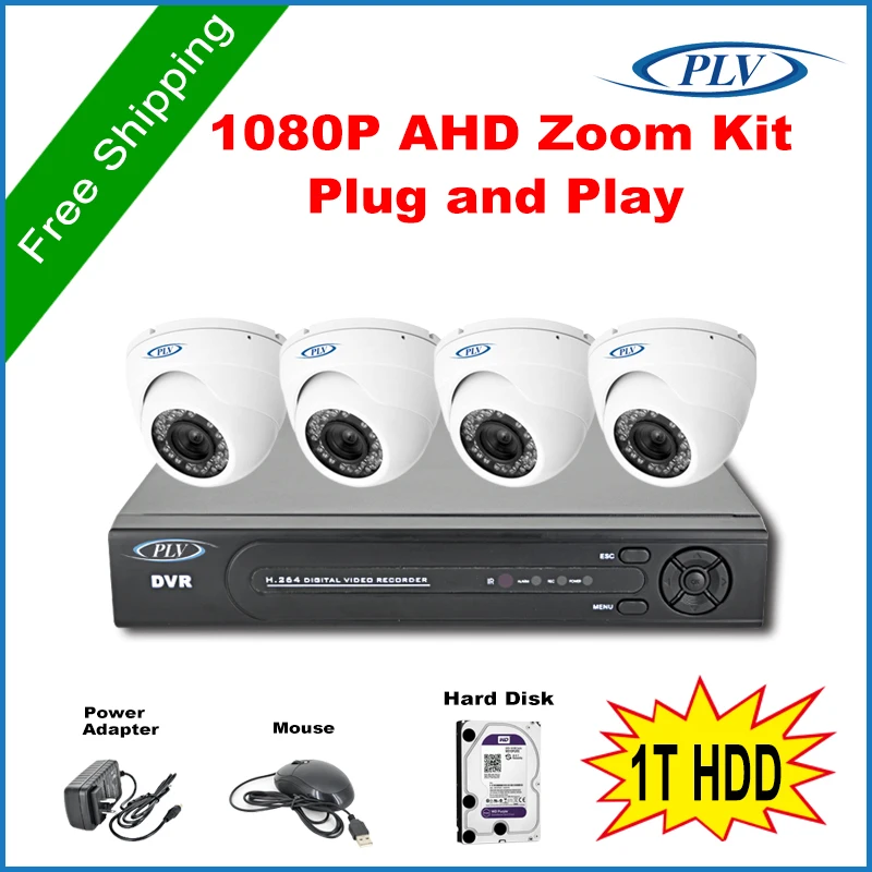 Best AHD-H 1080p AHD CCTV System Security 4pcs 2.0mp AHD dome camera 2.8~12mm motorized zoom 4ch AHD Hybrid DVR HDMI 1080P