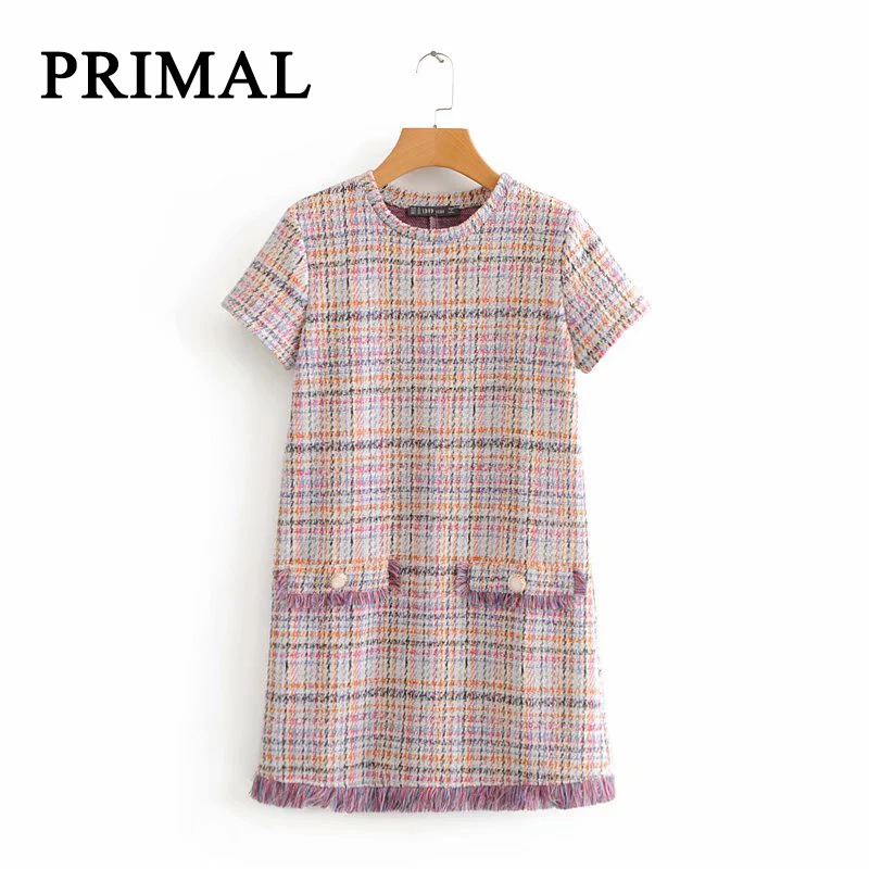 Casual Plaid Stripes Dresses Women O-Neck Mini Dress Autumn Short Sleeve Loose Fashion Natural Women's Clothing Dresses