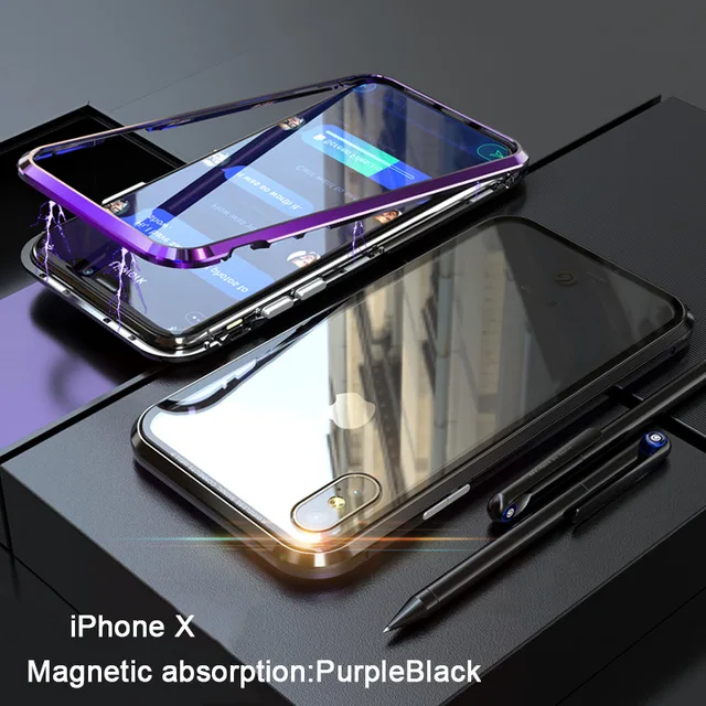 

Magnetic Adsorption Metal Phone Case For iPhone X 10 7 8 Plus Tempered Glass Back Cover For Samsung Galaxy S9 S8 Plus