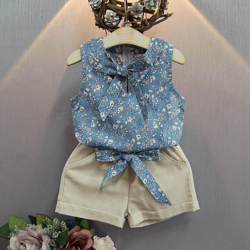 Комплекты одежды для девочек летняя детская одежда для детей костюмы для малышей комплект из 2 предметов, футболка с цветочным принтом и бантом+ шорты, костюм для детей - Цвет: Blue