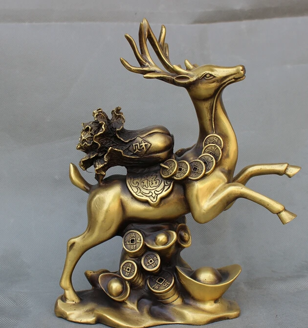 

song voge gem S5006 11" Chinese Bronze Wealth YuanBao Coin Cai Fu Cabbage On Deer Statue Animals