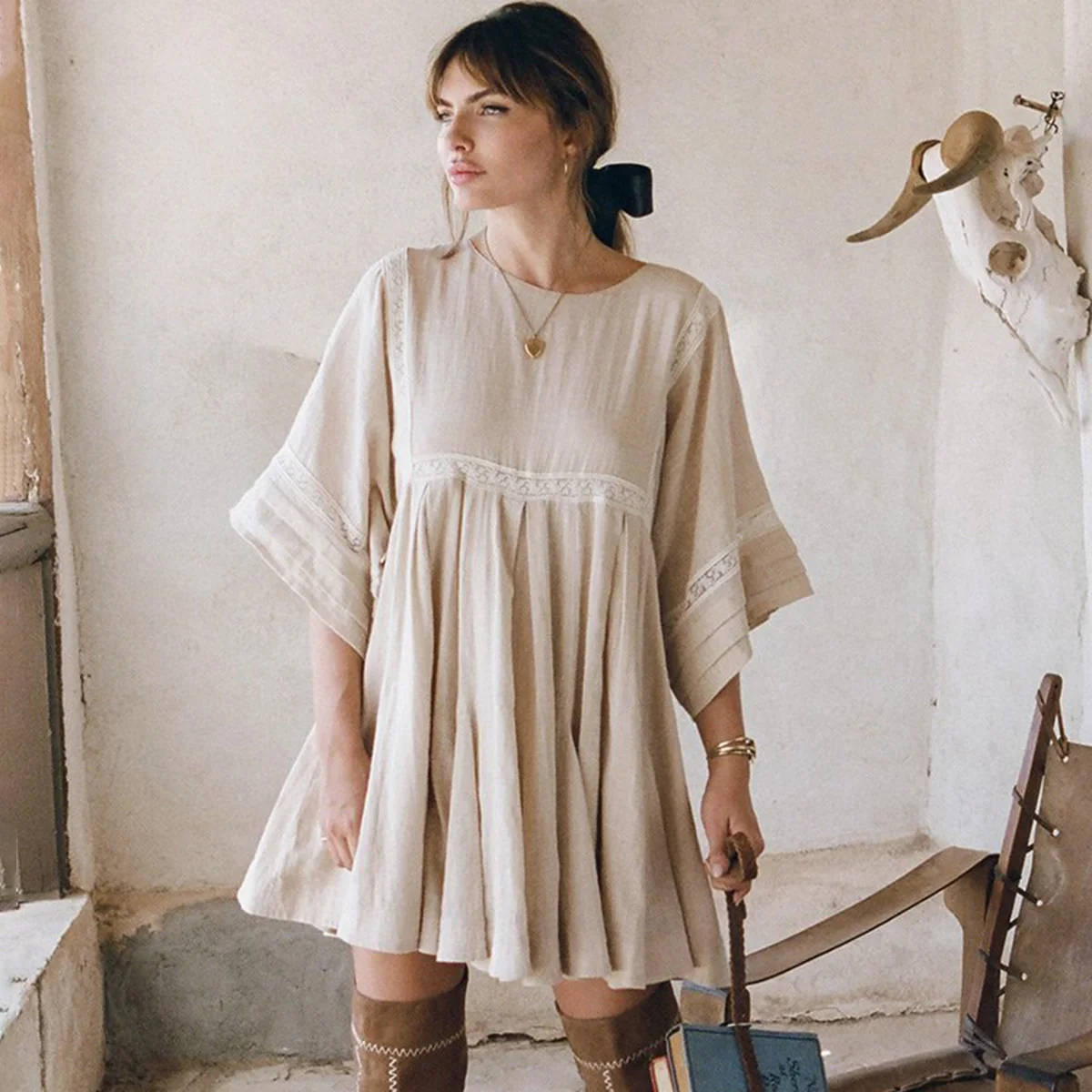 Retro Paloma Mini Dress Women 208 Summer Autumn 3/4 Sleeve O neck Lace Trim Short Dress Ladies Casual Loose Boho Hippie Dresses