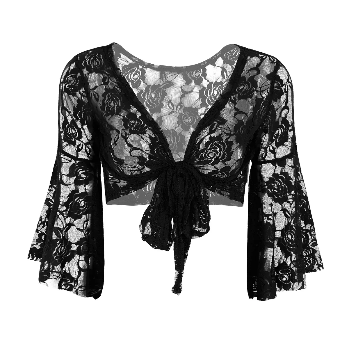 Elegant Women Long Flare Sleeve Floral Lace Shrug Wedding Bridal Summer Jacket Cape Fashion Cover Up Open Front Cardigan Wraps - Цвет: Black