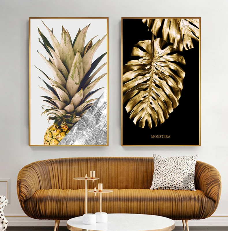 Черный и золотой ананас монстера растение живопись Большой лист плакат печать стены искусства для гостиной прохода уникальный современный декор