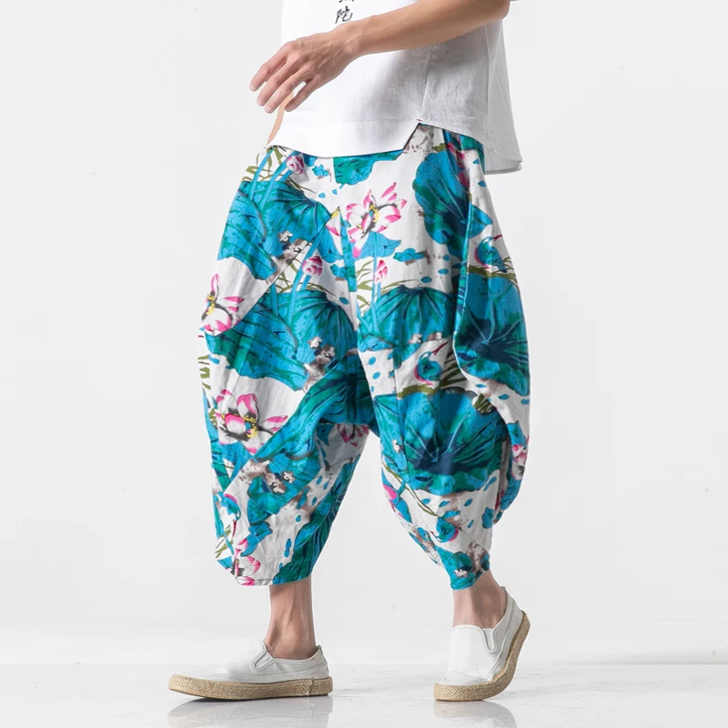 

MRDONOO 2019 Summer Men's Floral Printed Short Pants Loose Casual Calf-Length Pants Tie-dye Harem Pants Male Plus Size M-5XL