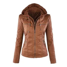 Womens New Faux Twinset Detachable Hat Autumn Winter Faux Leather Slim Jacket Hoodie Hooded Zip -Up Pockets Outerwear Coats