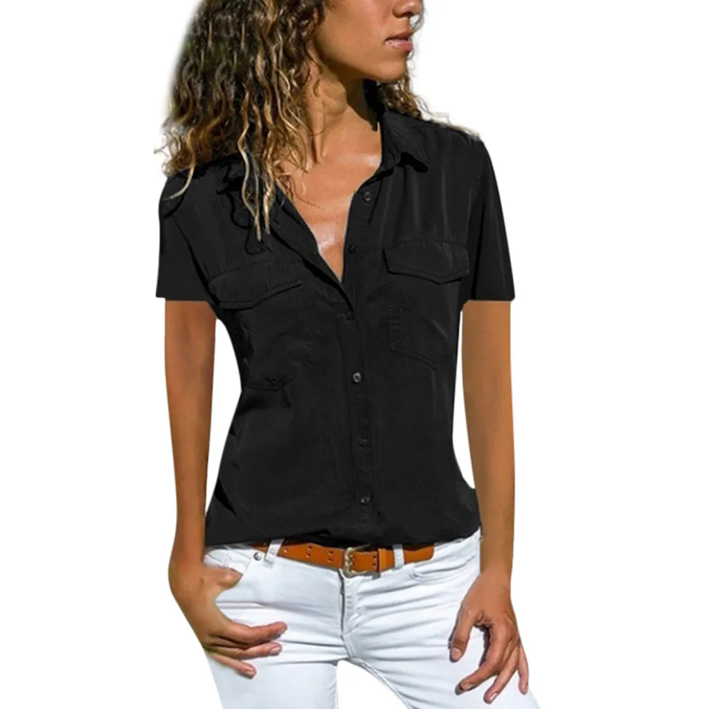 

Plus Size Women Casual blouse Solid Color Short Sleeve Turn Down Collar With Pockets Buttons blouse Summer Loose Pullover Tops
