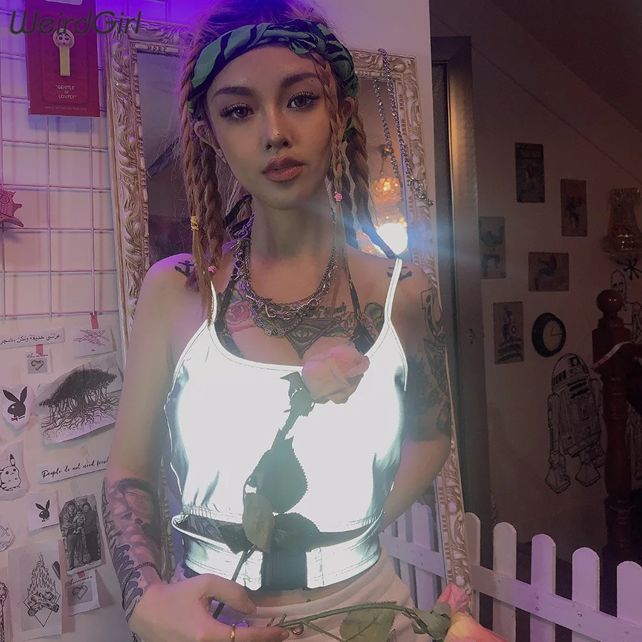 

Weirdgirl women Reflective camis silver hollow out sexy club party crop tops Sleeveless slim Female Straps Tank Top summer new