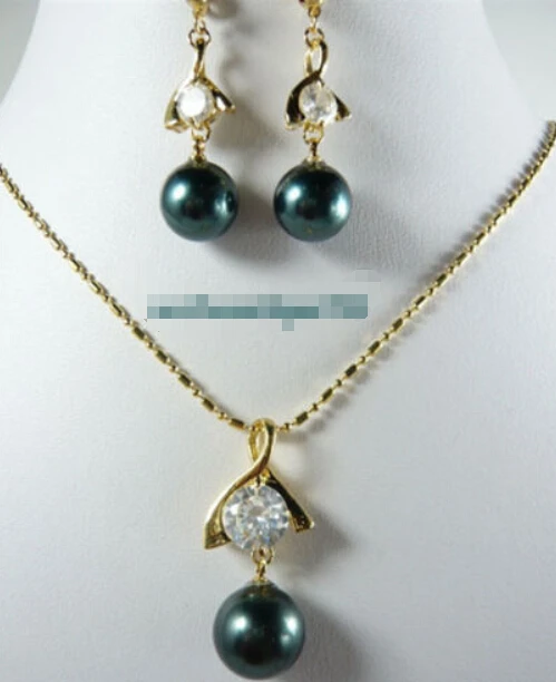 

hot sell new - Gang Black South Sea Shell Pearl 18KGP Crystal Pendant Chain Earrings Set