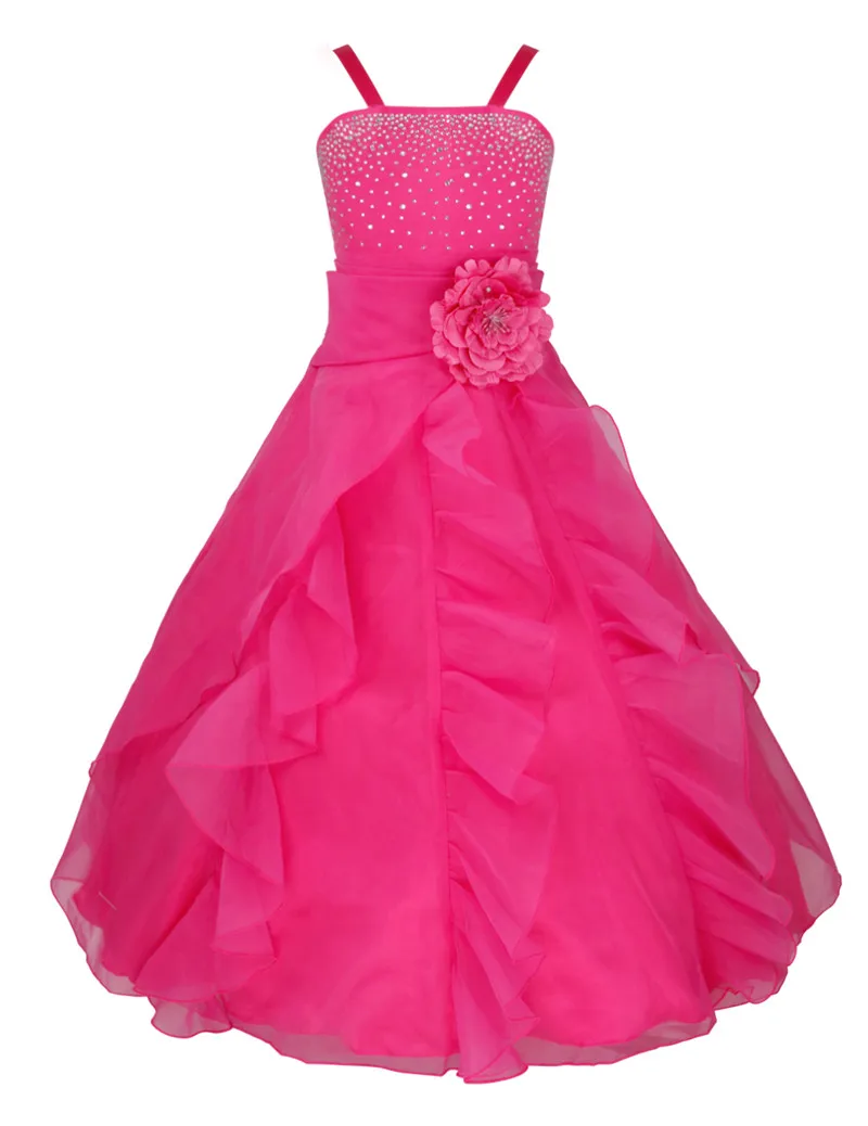 IEFiEL Платье с украшением в виде цветка для девочек платье принцессы для праздничных торжеств платье для свадебной церемонии платье-пачка для девочек 2-14 лет - Цвет: hot pink