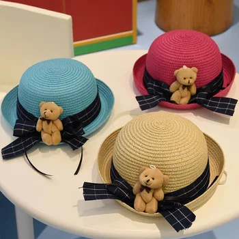 

2018 Children's Hat Summer baby boys and Girls Sun Hat Korean cartoon cute Bear Beach holiday Straw Hat kids photography props