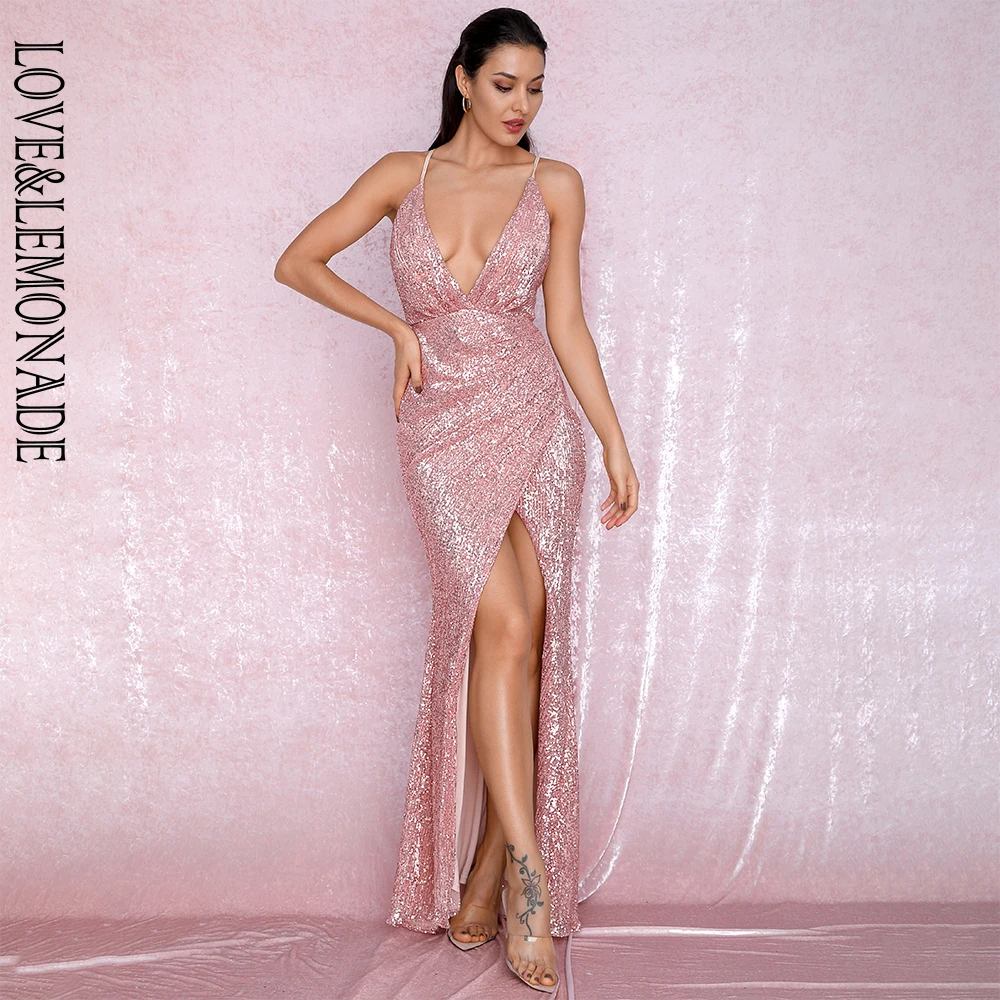

LOVE&LEMONADE Sexy Rose Gold Open Back Cross Split Sequins Party Maxi Dress LM81876 Autumn/Winter