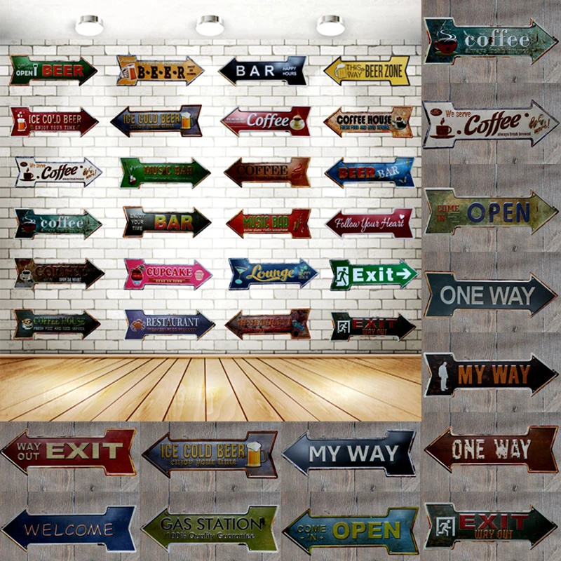 

Retro Plaque Arrow Shape Signpost Metal Signs Irregular Plates Cafe Garage Bar Beach Signboard Decorative Painting 45X16CM