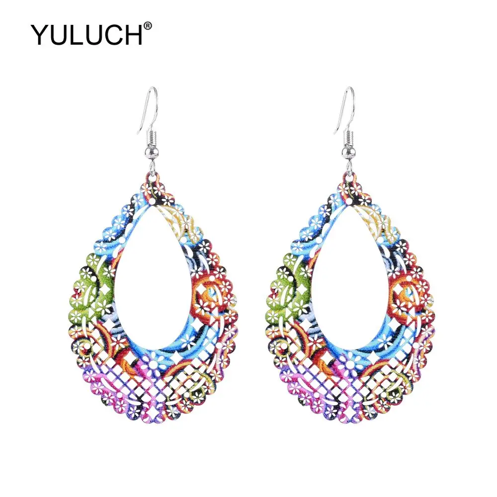

YULUCH Fashion Hollow Multi Metal Alloy Rainbow Water Drop Pendant Statement Earrings Ethnic Bohemian Boho Earrings For Woman