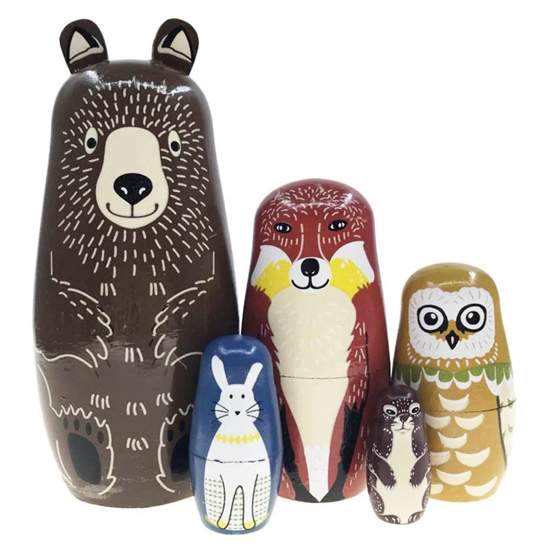 5Pcs/Set Wooden Bear Owl Rabbit Pattern Matryoshka Dolls Cute Animal