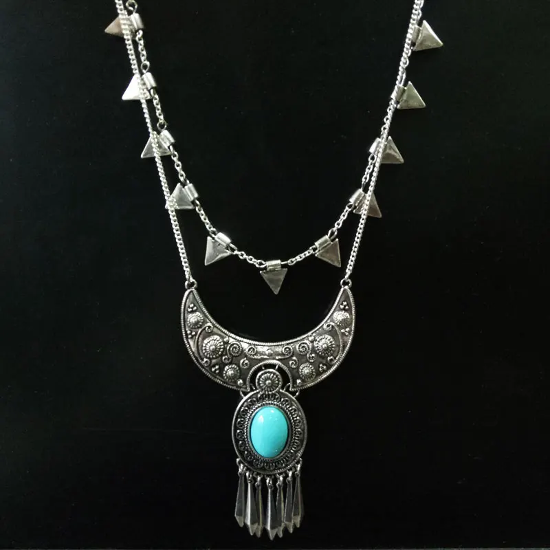 Retro Vintage Tassel Necklace Pendant Triangle Chokers Oval Green