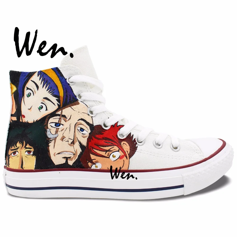 Wen Hand Painted White Canvas font b Sneakers b font Cowboy Bebop Gifts High Top Men