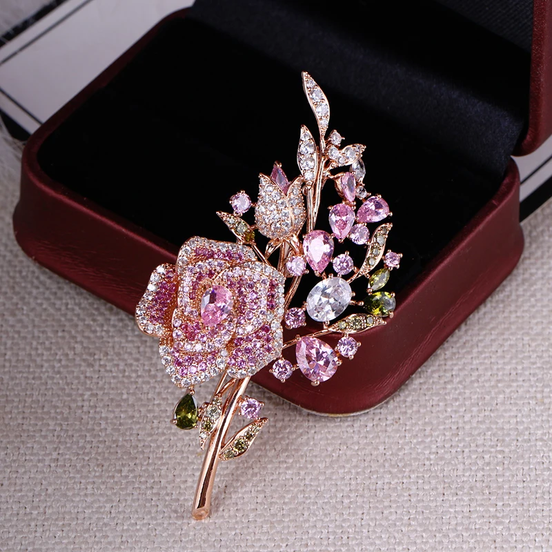 Creative Bridal Jewelry Accessory Pink Cubic Zircon Luxury Rose Flower Brooch Suit Brooches Pin Lady Scarf Button Jewelry Gift