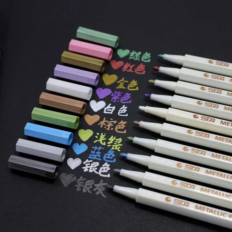 

10 pcs/Lot Metallic micron pen Detailed marking color Metal marker for album black paper drawing School Art supplies