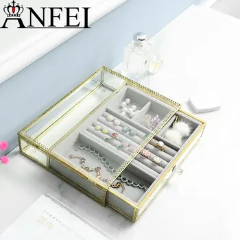 

ANFEI New Arrival Glass Drawer Clear Jewelry Earring Ring Cosmetic Storage Display Box Case Stand Rack Holder Organizer B2286