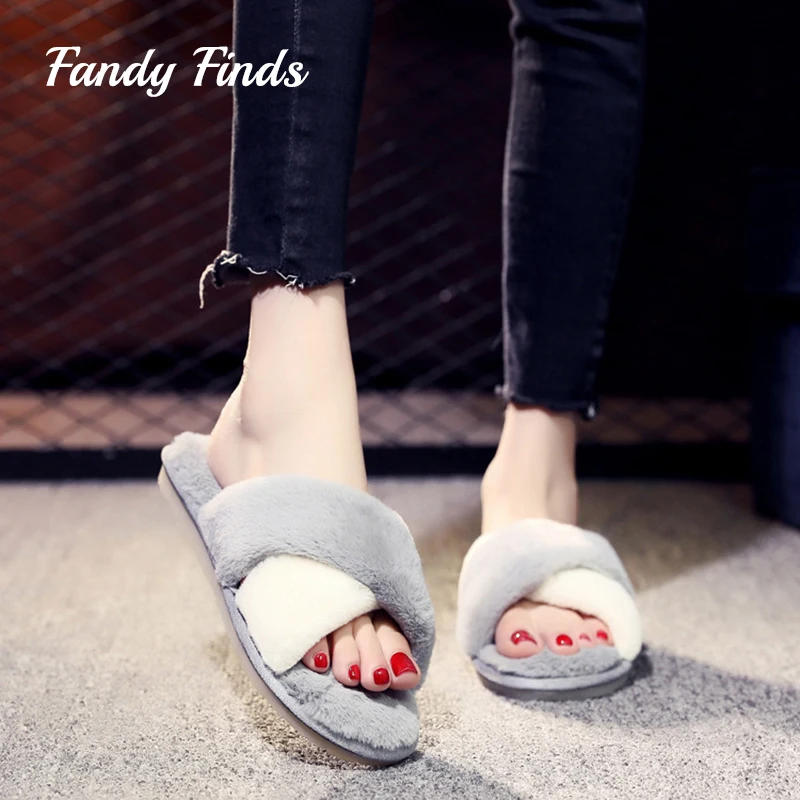 Fandy находит искусственный мех кролик домашние тапочки зимние перекрестные