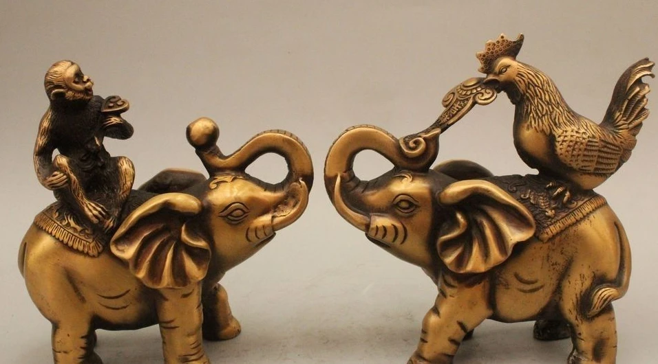 

8" Chinese Fengshui Bronze Zodiac Year Monkey Rooster Ride Elephant Statue Pair