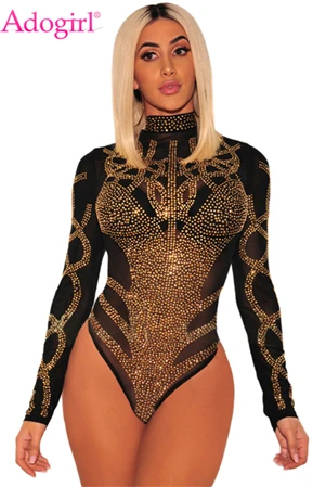 Adogirl Gold Rhinestone Faux Bustier Mesh Long Sleeves Bodysuit Mock Neck Thong Bottom Sexy Feminine Rompers Club Costumes Tops black bodysuit Bodysuits