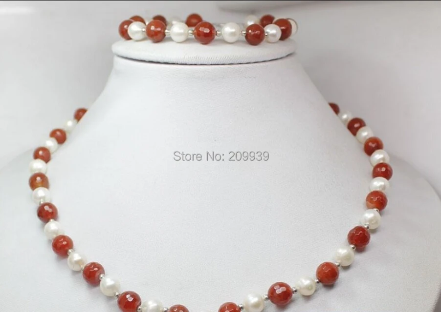 

huij 003618 18" beauty white pearl carved red agate stone handmade necklace bracelet set