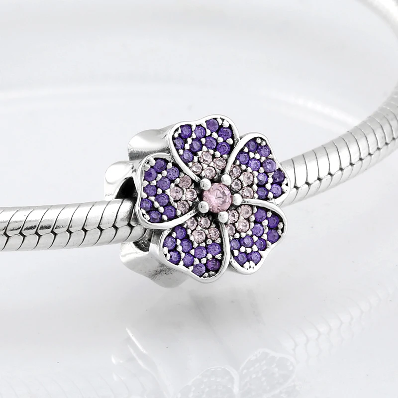 Сверкающие 925 пробы серебряные фиолетовые цветы CZ бусины подходят к оригиналу Pandora браслет для изготовления ювелирных изделий