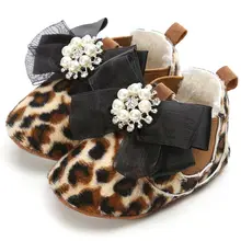 Новинка года; обувь для новорожденных; модная обувь для малышей с леопардовым кружевом и бантом и жемчугом