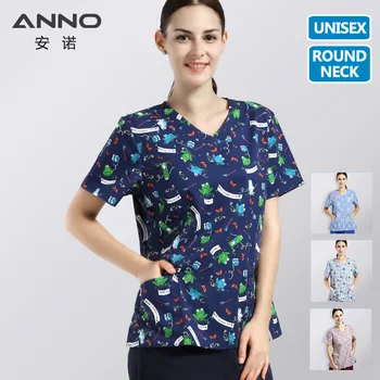 

ANNO Printed Medical Clothes Round Neck Nurse Uniforms for Women Men Beauty Salon Dental SPA Work Wear Medical Equipment